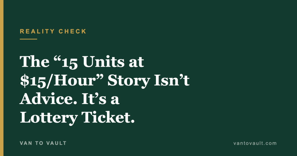 Branded title card: the BiggerPockets 15-units story is a lottery ticket, not advice