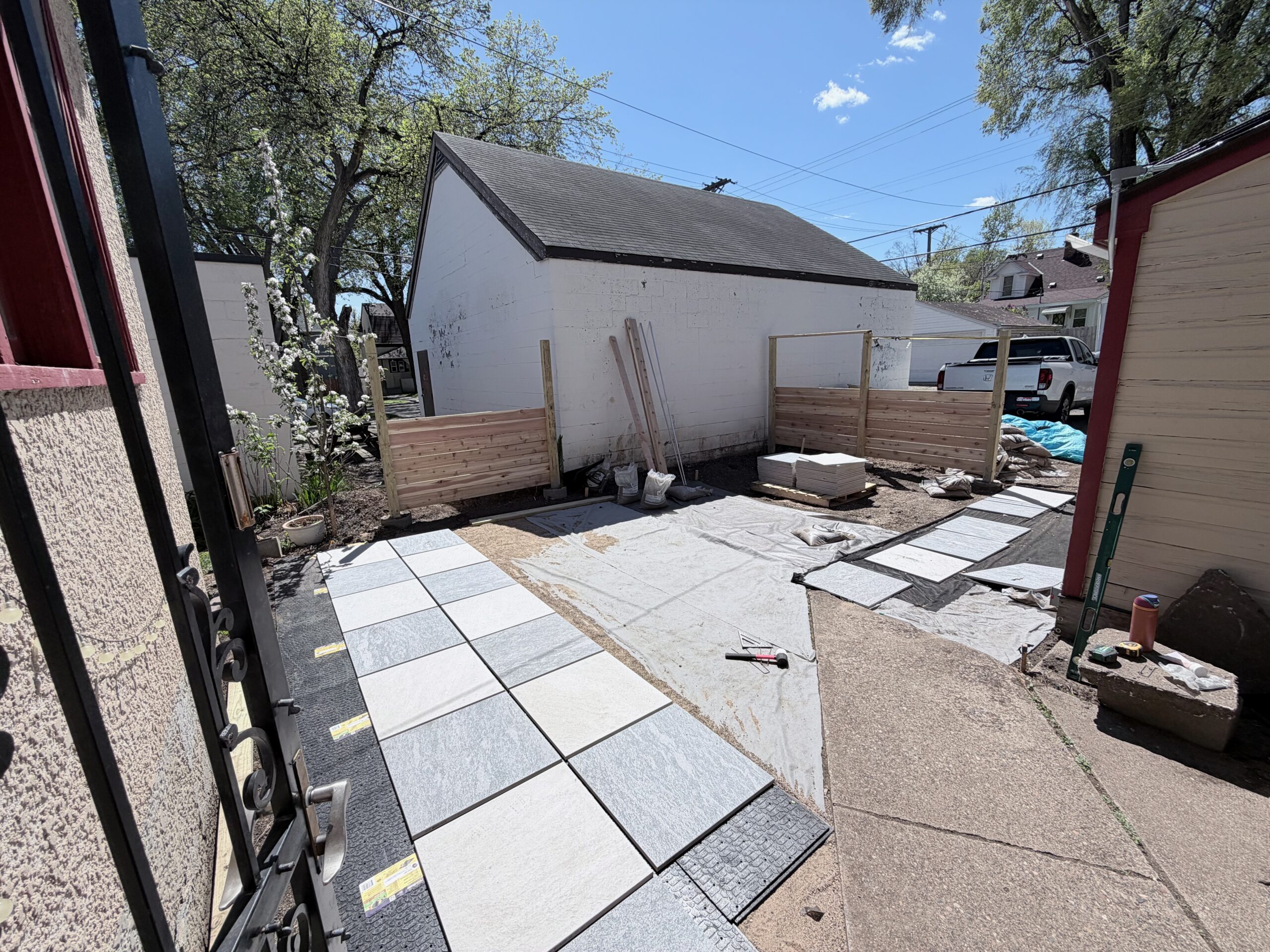 Shared duplex backyard during patio construction