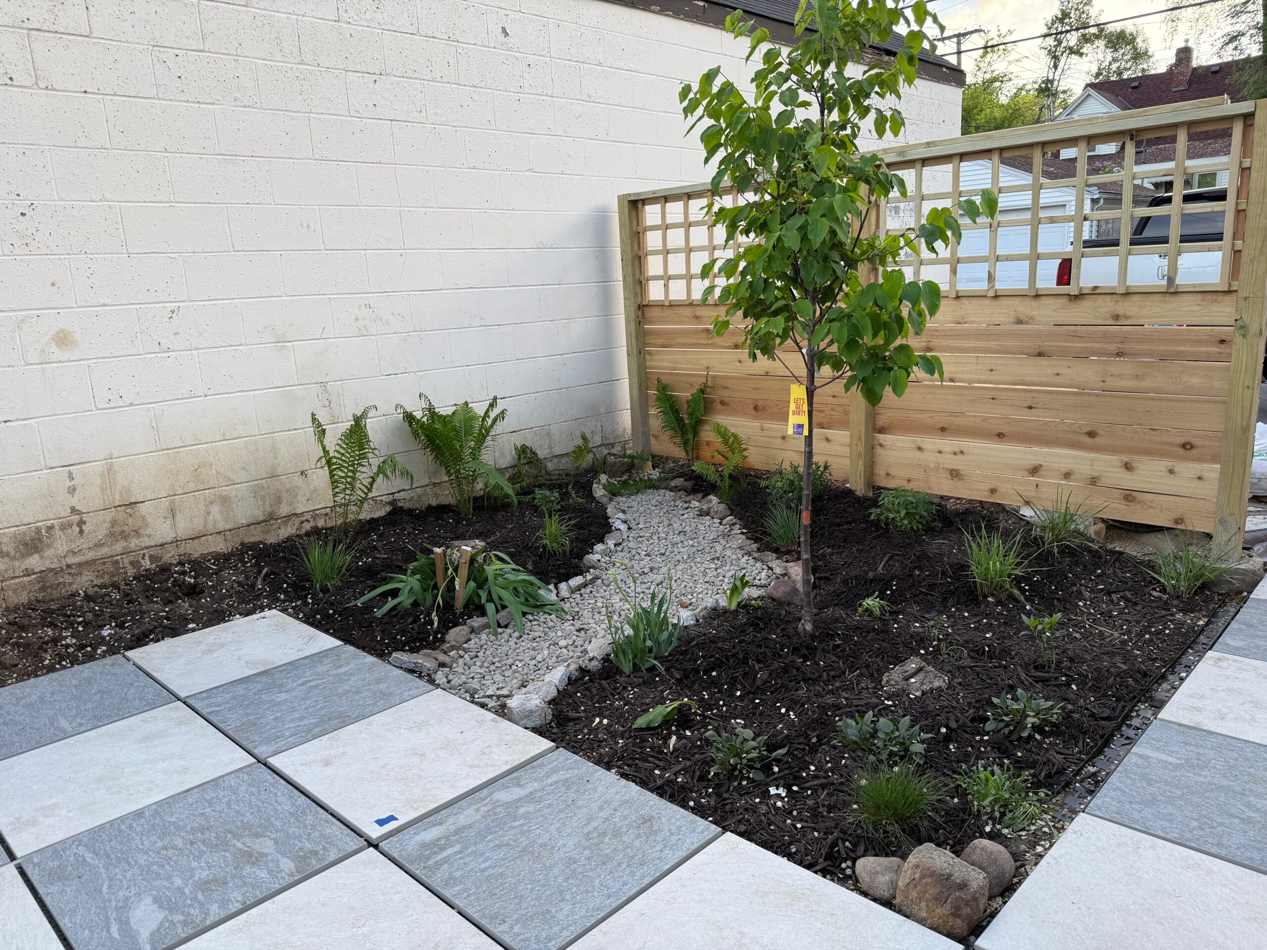 Finished backyard corner with paver patio, garden bed, young tree, and cedar fence