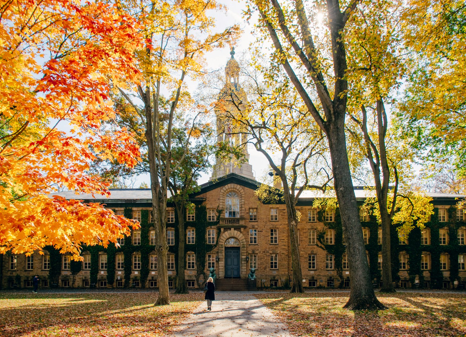 A person walking along a pathway toward a large college building