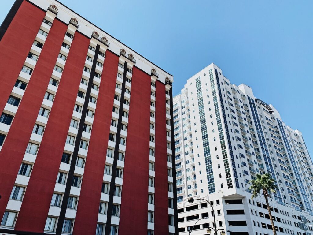 Stock photo of a residential high-rise seen from a low angle