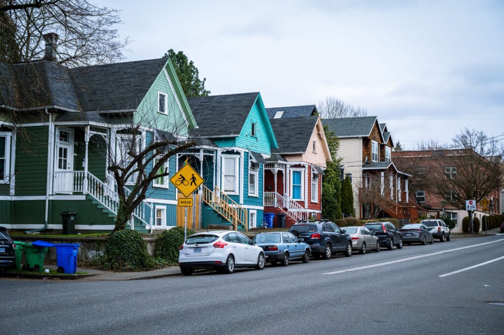 Street of colourful older houses in a Portland, Oregon neighborhood